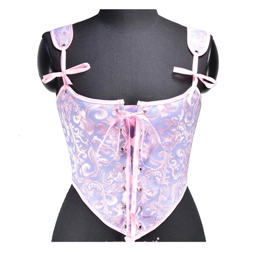 Elegant Pink & Baby Brocade Blue Front Lace-Up Corset